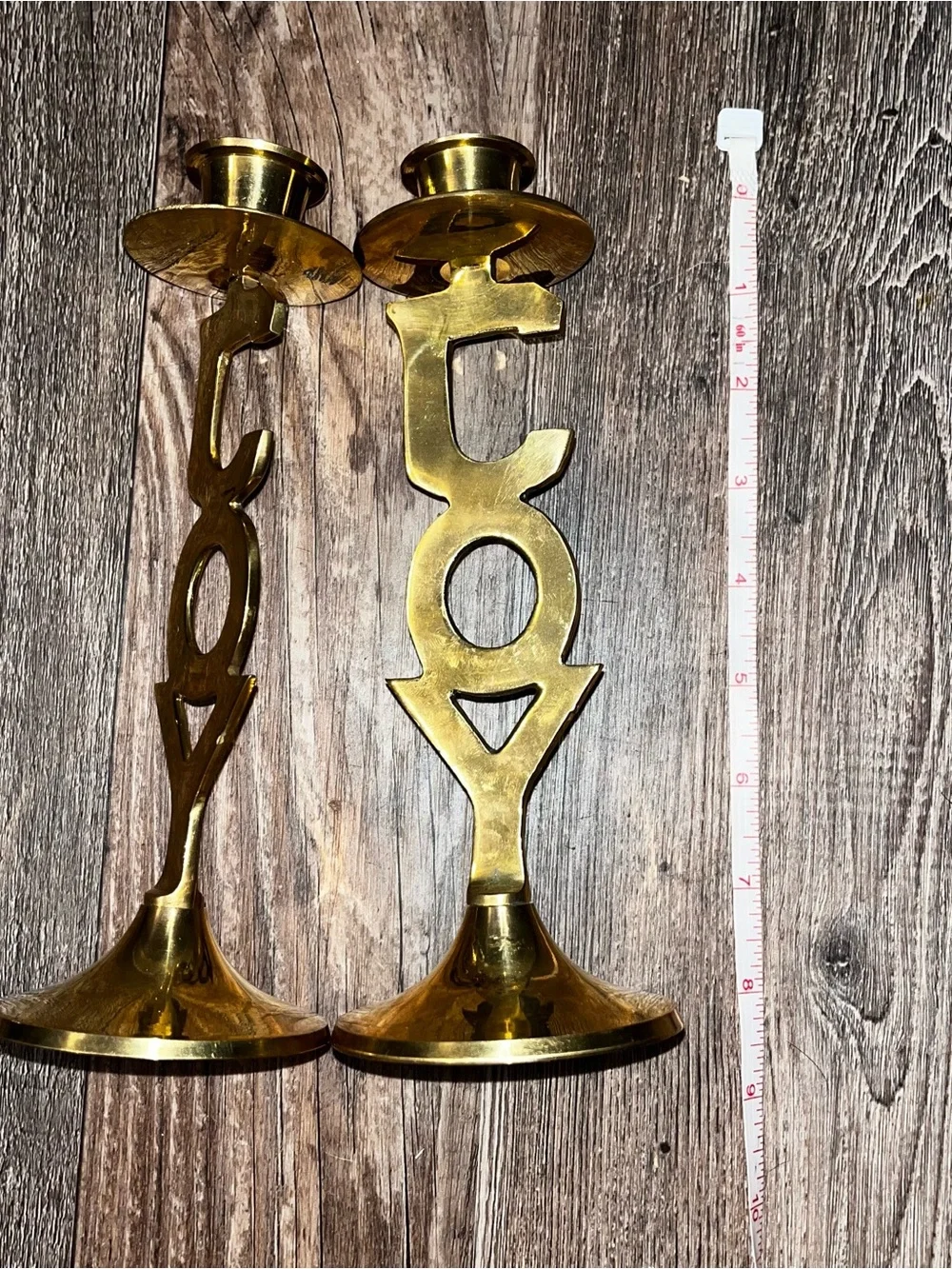 Brass 'JOY' Decorative Candlestick Pair - Gold Finish
